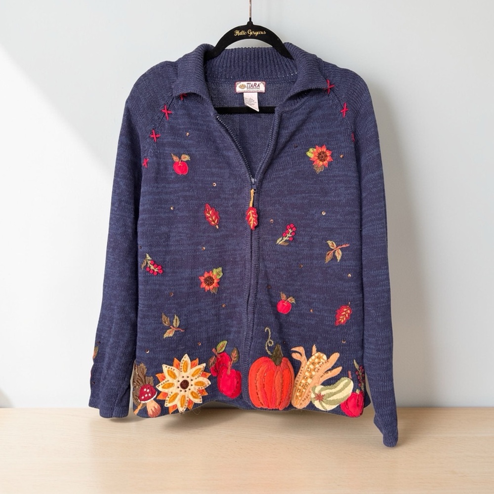 Vintage Tiara International Cotton Fall Harvest Cardigan Size Large Cottagecore